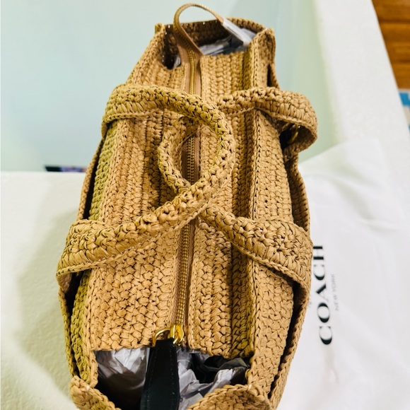 Coach Woven Straw Tote in Tan with Black Logo - Picture 3 of 6